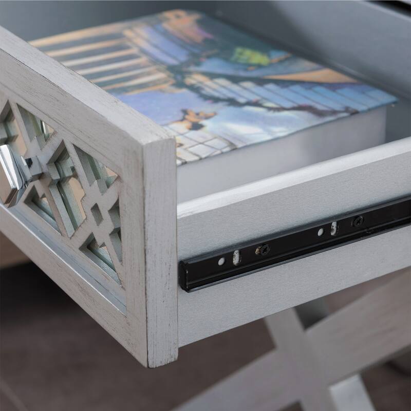 Silver Leaf Nightstand with Mirrored Drawers, Diamond Pattern Side Table, 2 Drawer Wood Base End Table, 22" x 16" x 28"