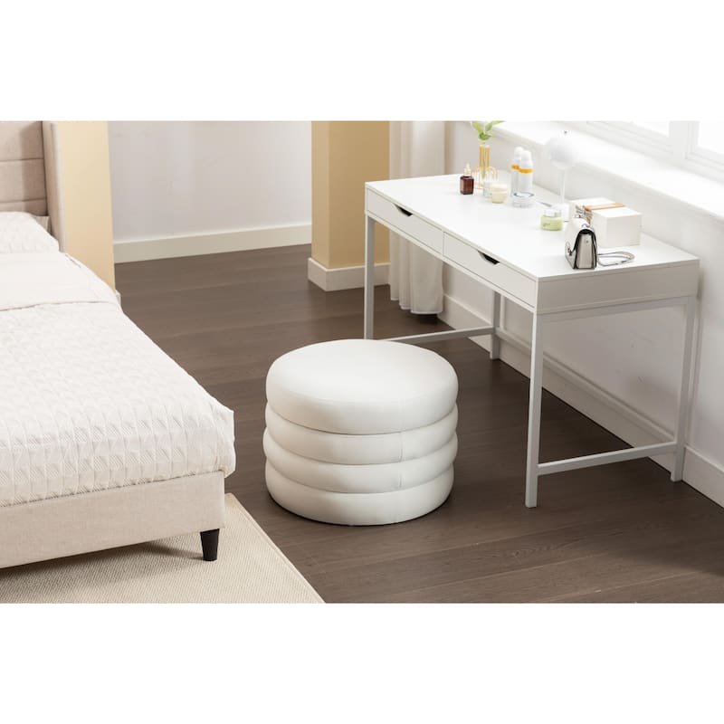 Velvet Storage Ottoman Footstool with Wooden Shelving - Ivory