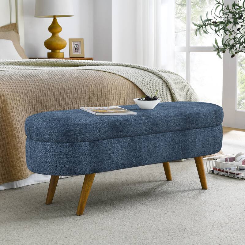 43.5 in. Oval Bedroom Bench Linen Fabric Upholstered Storage Ottoman Bench with Solid Wood Legs Entryway Bench - Dark Blue