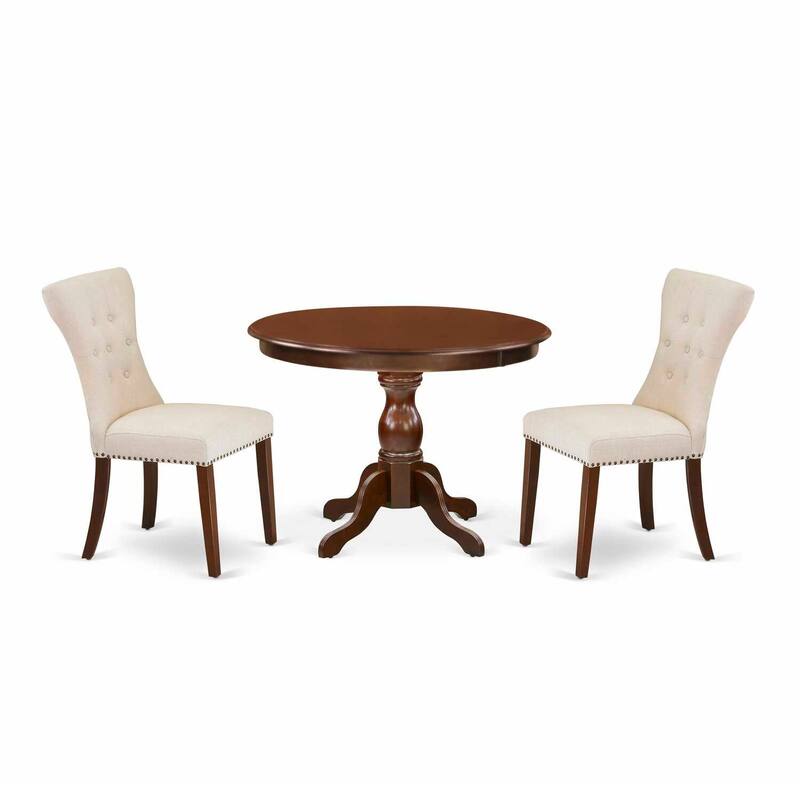 3-Piece Mahogany Finish Solid Wood Top - Round Button Tufted Dining Room Set - Seats 4