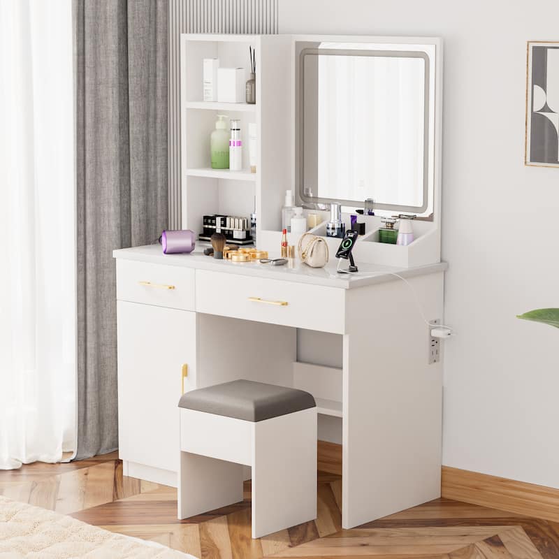 Makeup Vanity Desk with Mirror & Lights, Dressing Table with Power Outlet, 3 Light Modes, Drawers and Storage Stool