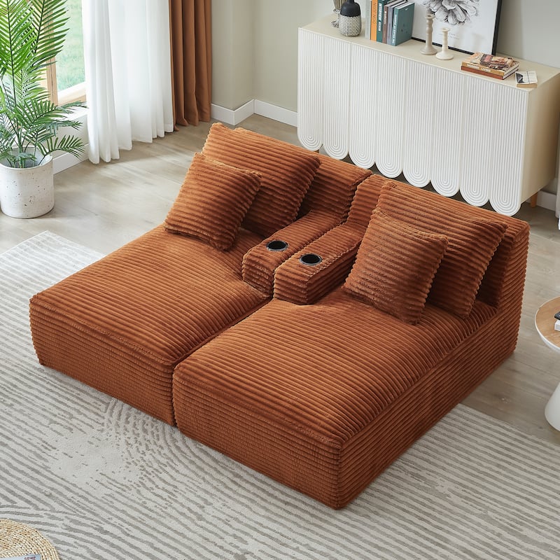 Compressible Double Chaise Lounge With Cupholders - No Assembly Required, Fluffy Modern Sleeper Loveseat