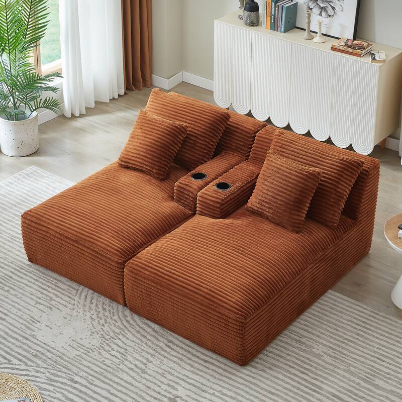 Roomfitters Double Chaise Lounge with Cup Holders and Plush Corduroy Upholstery, No Assembly Modern Sleeper Loveseat