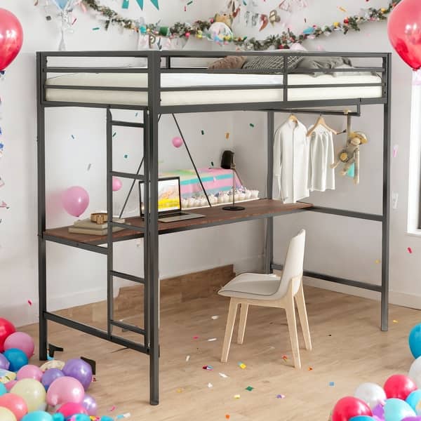 slide 2 of 11, Kids and Baby Twin Size Loft Bed with Cinnamon Wood Desk and Closet Rod Black