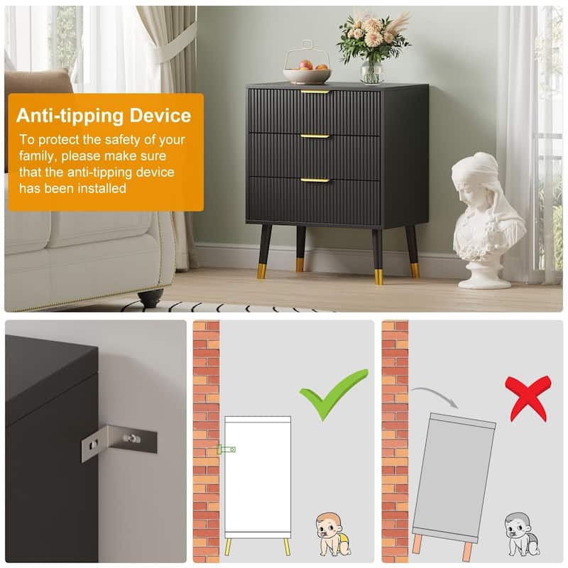 3 Drawer Dresser, Small Fluted Nightstand