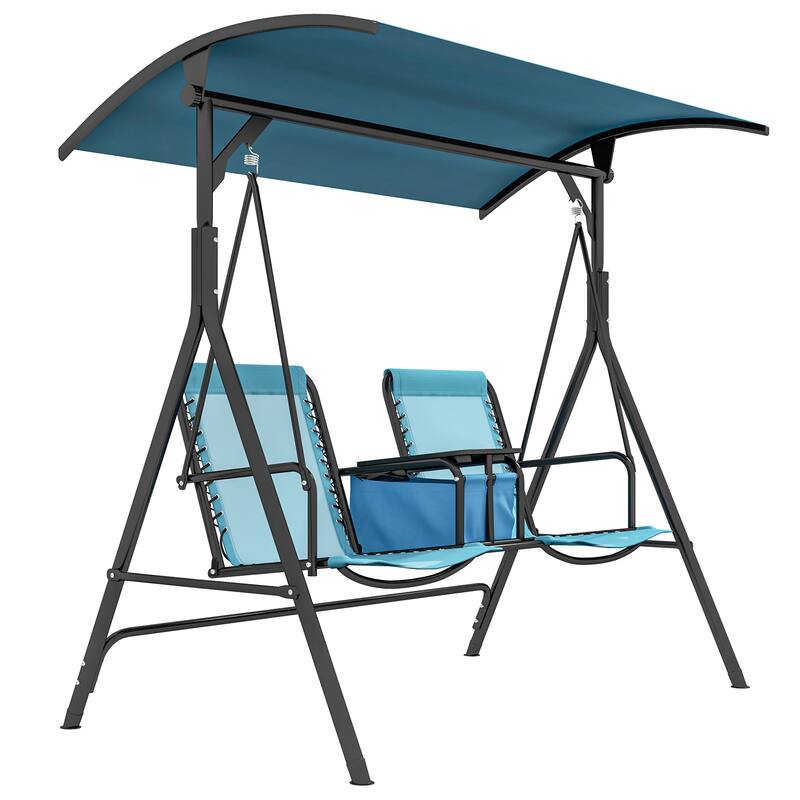 2-Seat Outdoor Canopy Swing Chair with Pivot Storage Table, Cup Holder & Adjustable Shade