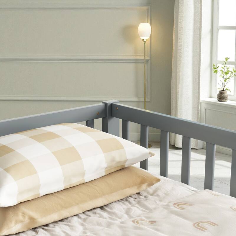 Double Twin Floor Bed with Fence and Guardrails, Solid Pine Wood Frame Montessori Bed for Kids