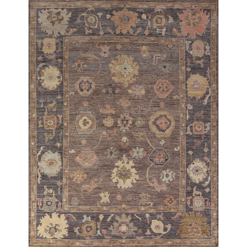 Hand Knotted Oriental 100% Wool Carpet Transitional All-Over Brown Oushak Area Rug - 9' 10'' X 8' 1''