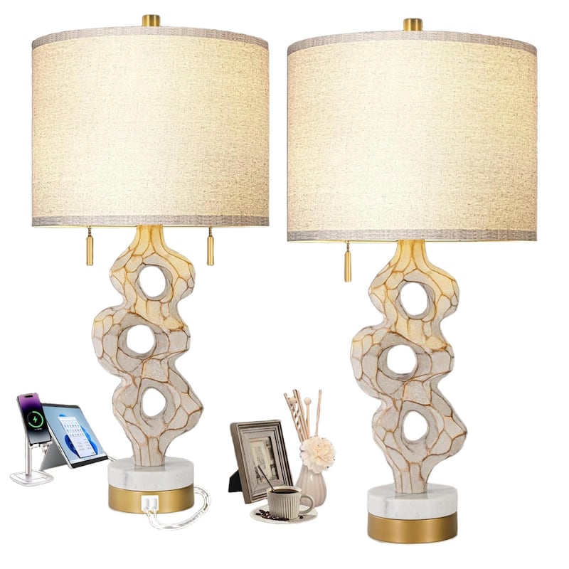 26” Farmhouse Bedside Lamp Rustic Linen Shade Bedside Lamp Marble Base with USB Port - ‎Antique gray, Gold