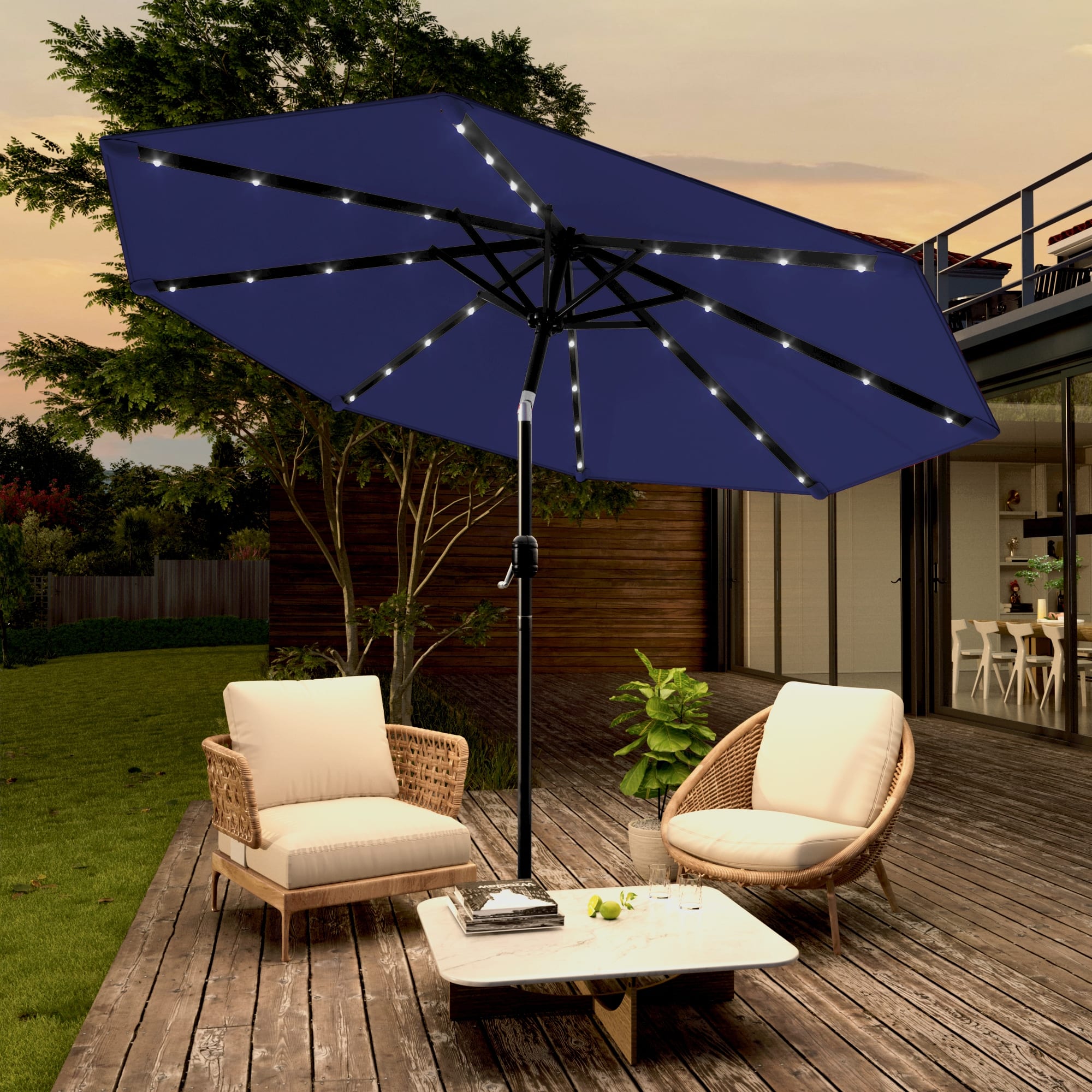9 ft. round solar-powered patio umbrella 9' with 32 Solar Powered LED Lights, Push-Button Tilt and Hand Crank Lift, Solar Umbrella in Navy for Porch, Deck, and Patio by Sun-Ray : Patio, Lawn Opening Mechanism Sun-Ray 9 ft. 8-Rib Round