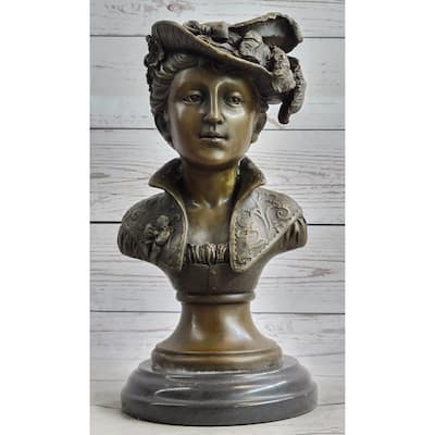 Victorian Era Woman In Feathered Hat Bronze Bust Statue Sculpture 11 Inches X 5 Inches