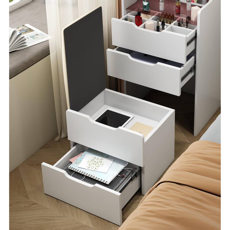 3 in 1 Vanity Desk with Plip Top Mirror,Small Make Up Vanity Set with Visible Glass Desktop, Compact Dressing Table