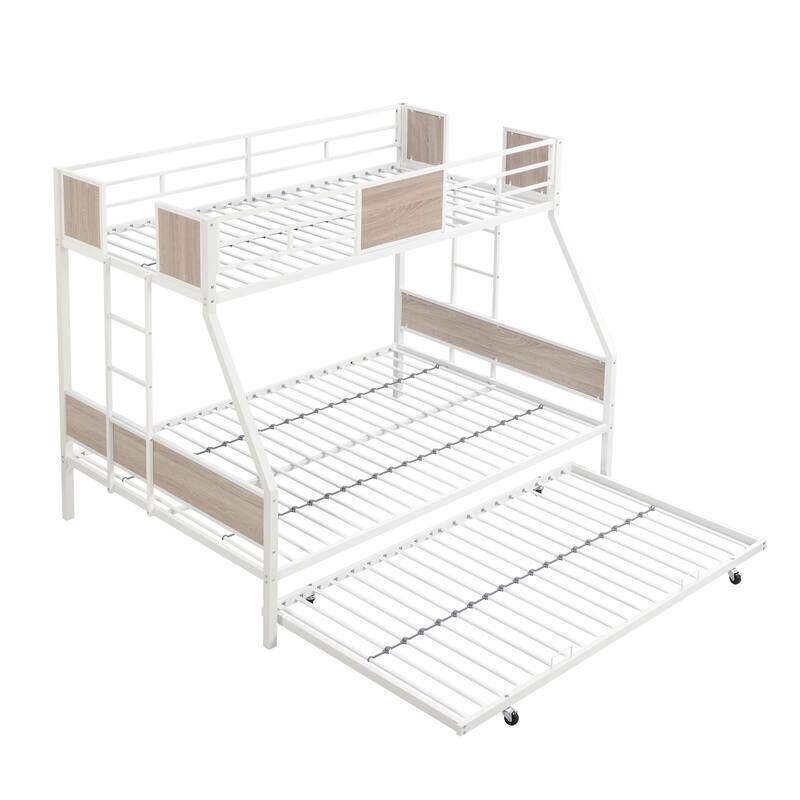 Twin Over Full Size Metal Bunk Bed with Trundle, Dual Side Ladders and Full-Length Guardrails, Large Under-Bed Storage