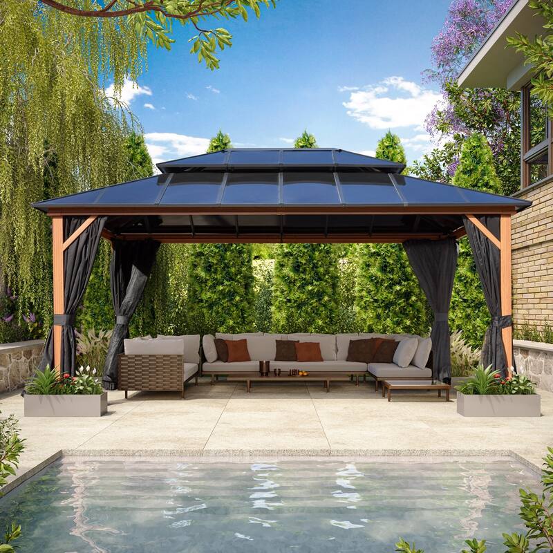 EROMMY Outdoor Wood Gazebo with Double Polycarbonate Roof, Heavy Duty Backyard Patio Pergola Canopy for Garden Shade