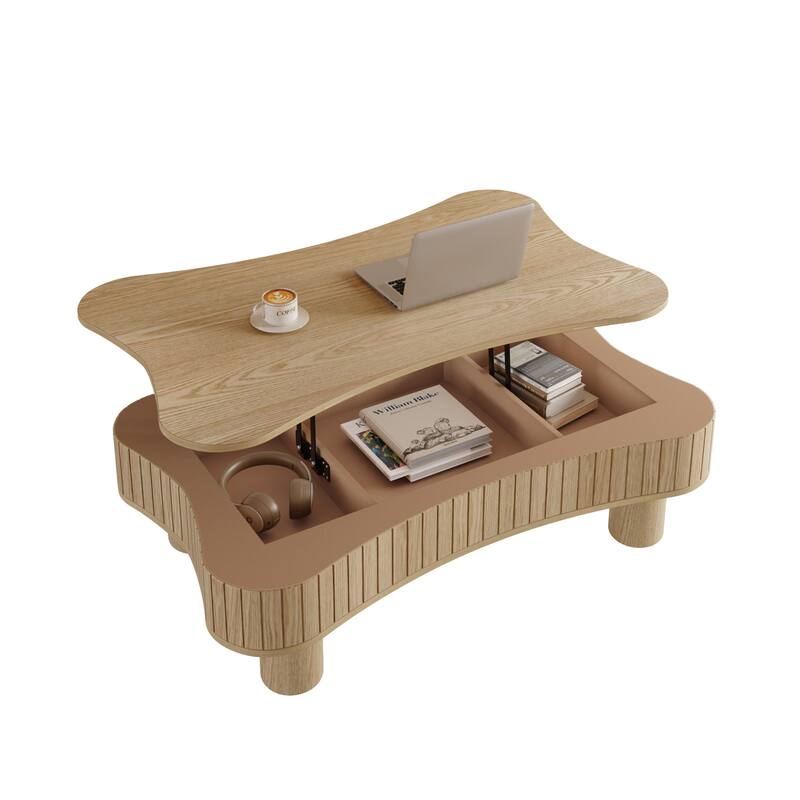 Lift Top Coffee Table for Living Room 42" Fluted Panel Hidden Storage, Silent Hydraulic Lift, Curved Safety Corners,Natural Wood