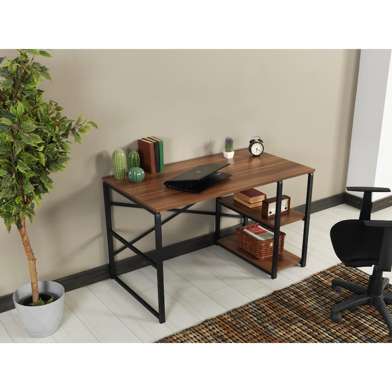 Metal Frame 47" Writing Desk with Solid Wood Top and 2 Shelves for Home Office or Study Workstation