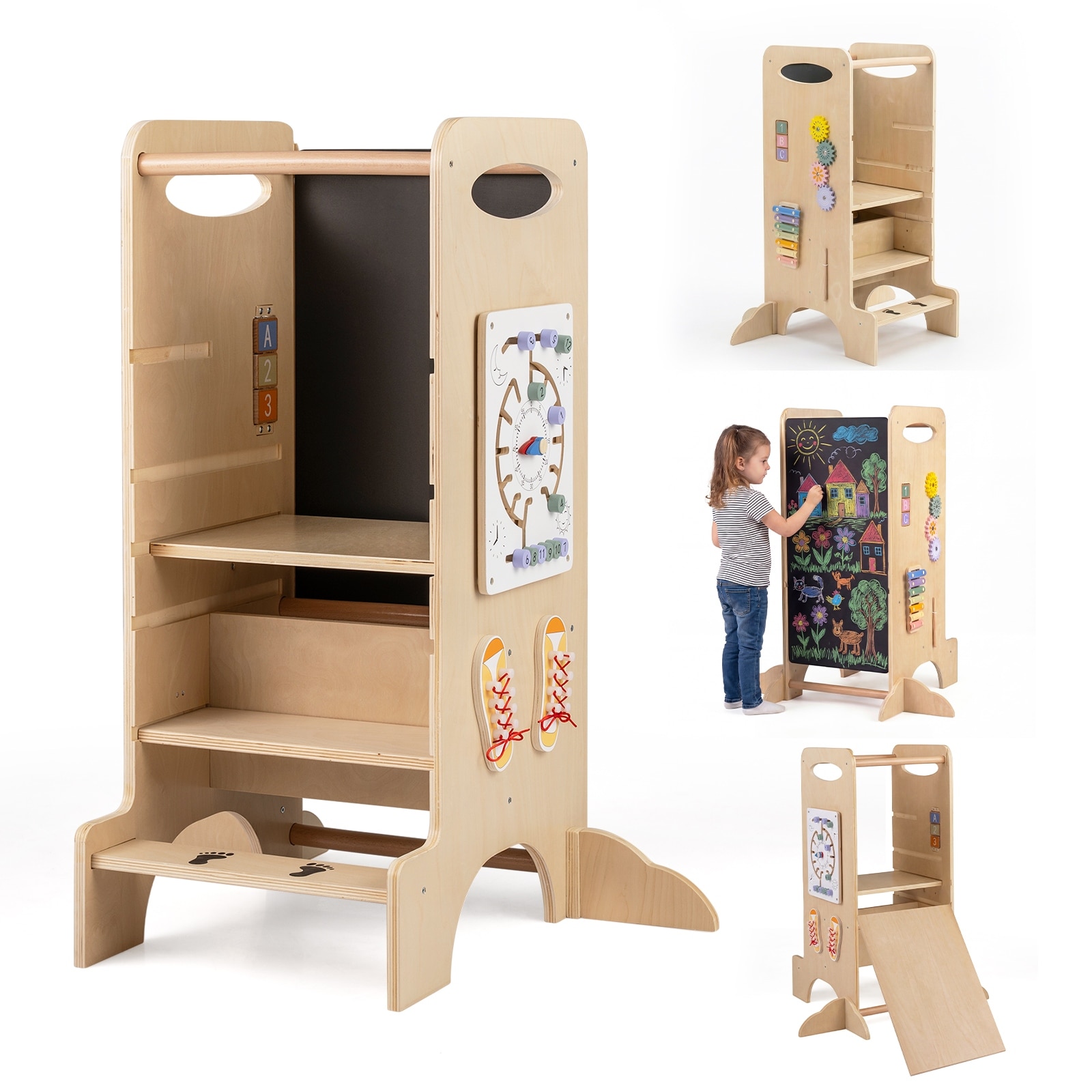 Gymax Wooden Toddler Standing Tower w/Chalkboard Montessori Games 3