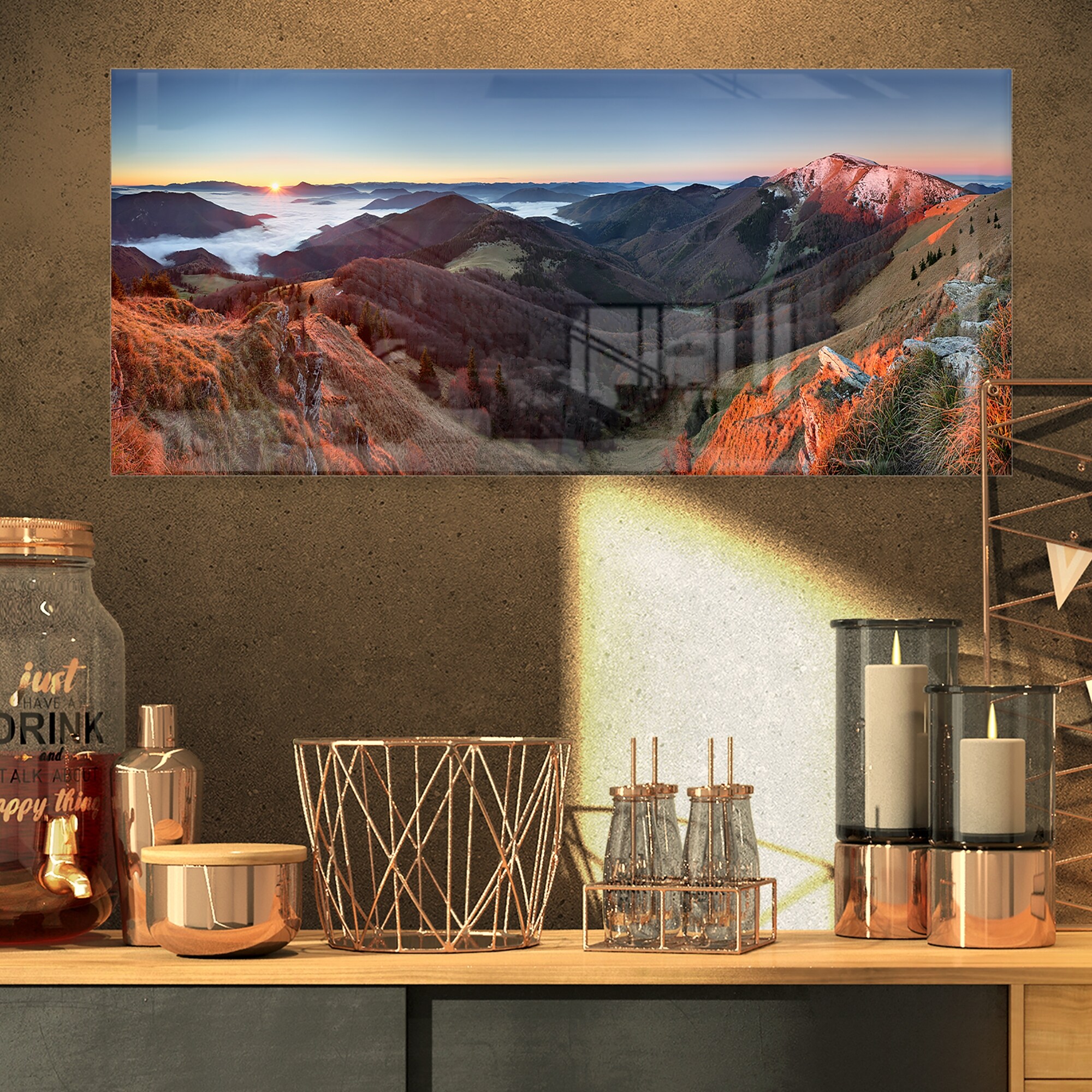 Red Mountain Sunset Panorama - Landscape Glossy Metal Wall