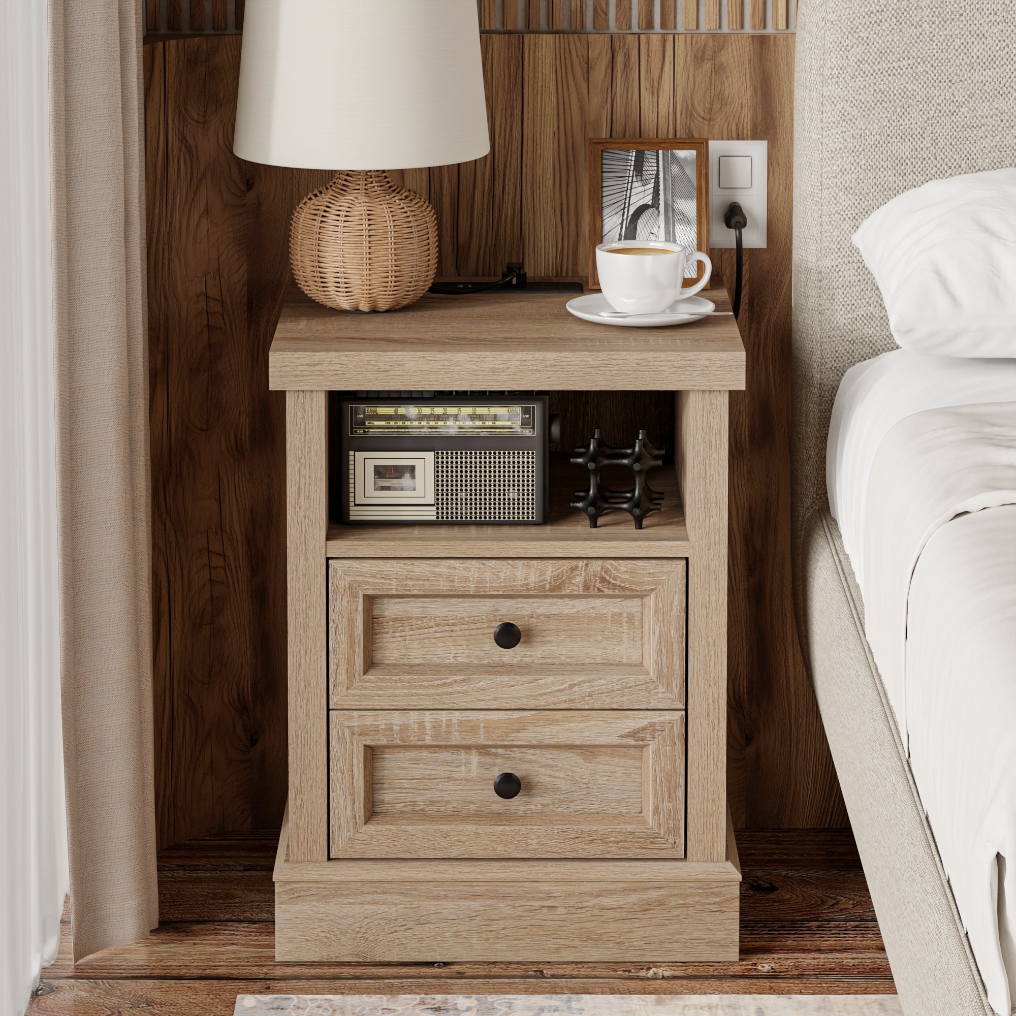 COZAYH Farmhouse Nightstand with Charging Station, Vintage Bedside Table Featuring Outlet & USB Ports, 2 Drawers and Open Shelf