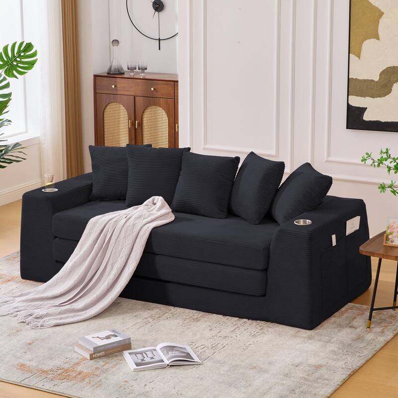 2 in 1 Convertible Sofa Bed, Sleeper Sofa with Storage Pockets, Pull Out Loveseat Couch with Two Cup Holders