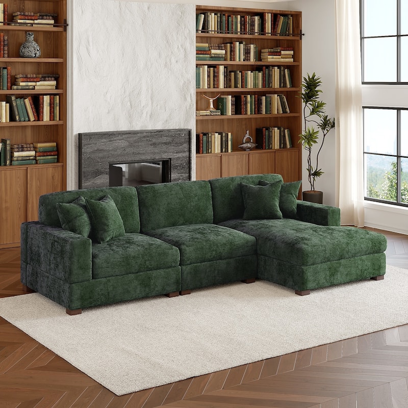 Modern Oversized Chenille Modular Sectional Sofa With Chaise - Green/3 Piece - Right Facing