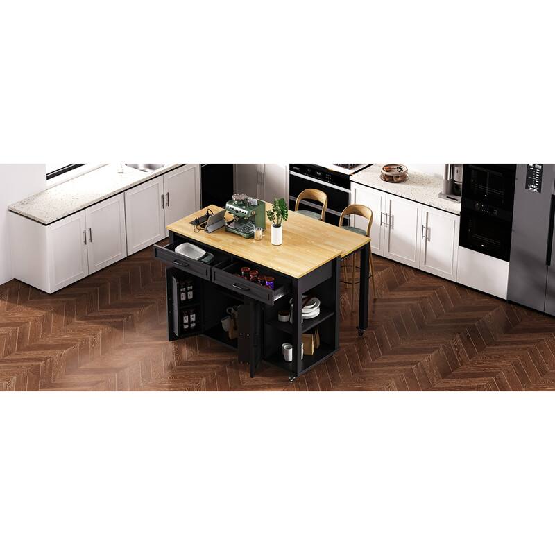 Roomfitters 47" Kitchen Island with Slide-Out Dining Table, Mobile Cart with Built-in Outlets, Internal Racks, Black