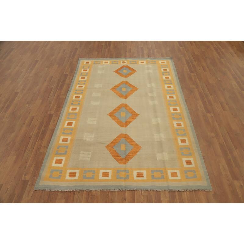 Hand Woven Oriental 100% Wool Carpet Southwestern Tribal Beige & Ivories Kilim Area Rug - 8' 7'' X 5' 9''