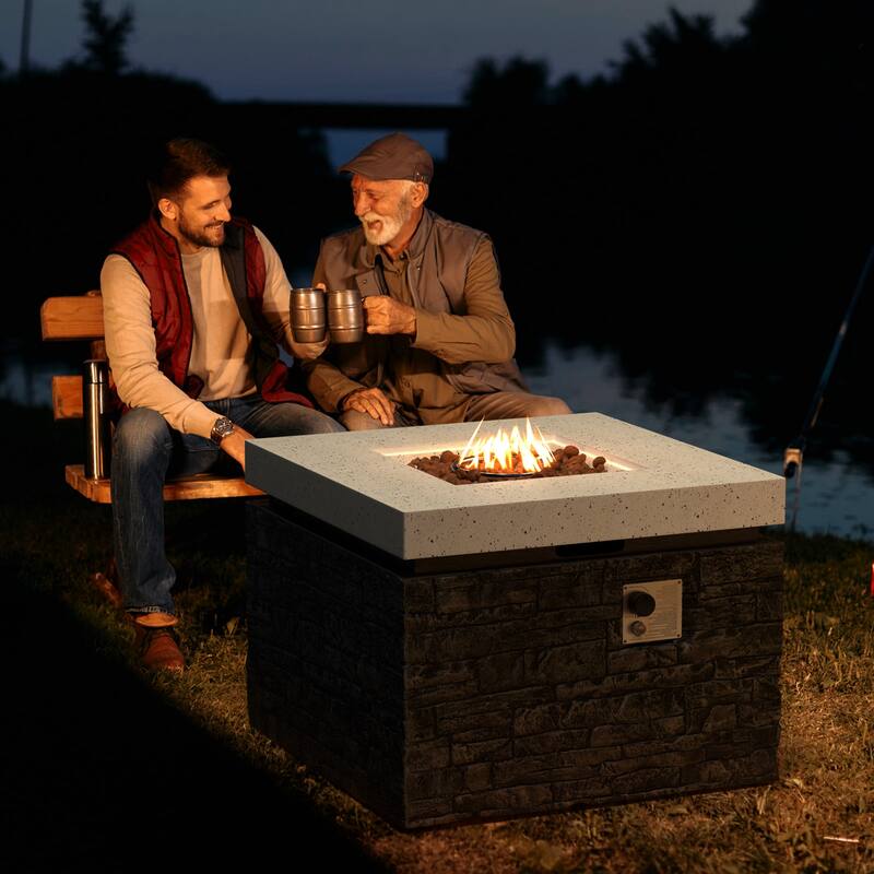 VENTOPYR Outdoor 40000 BTU Sqaure Fire Pit Table w Faux Black Ledgestone