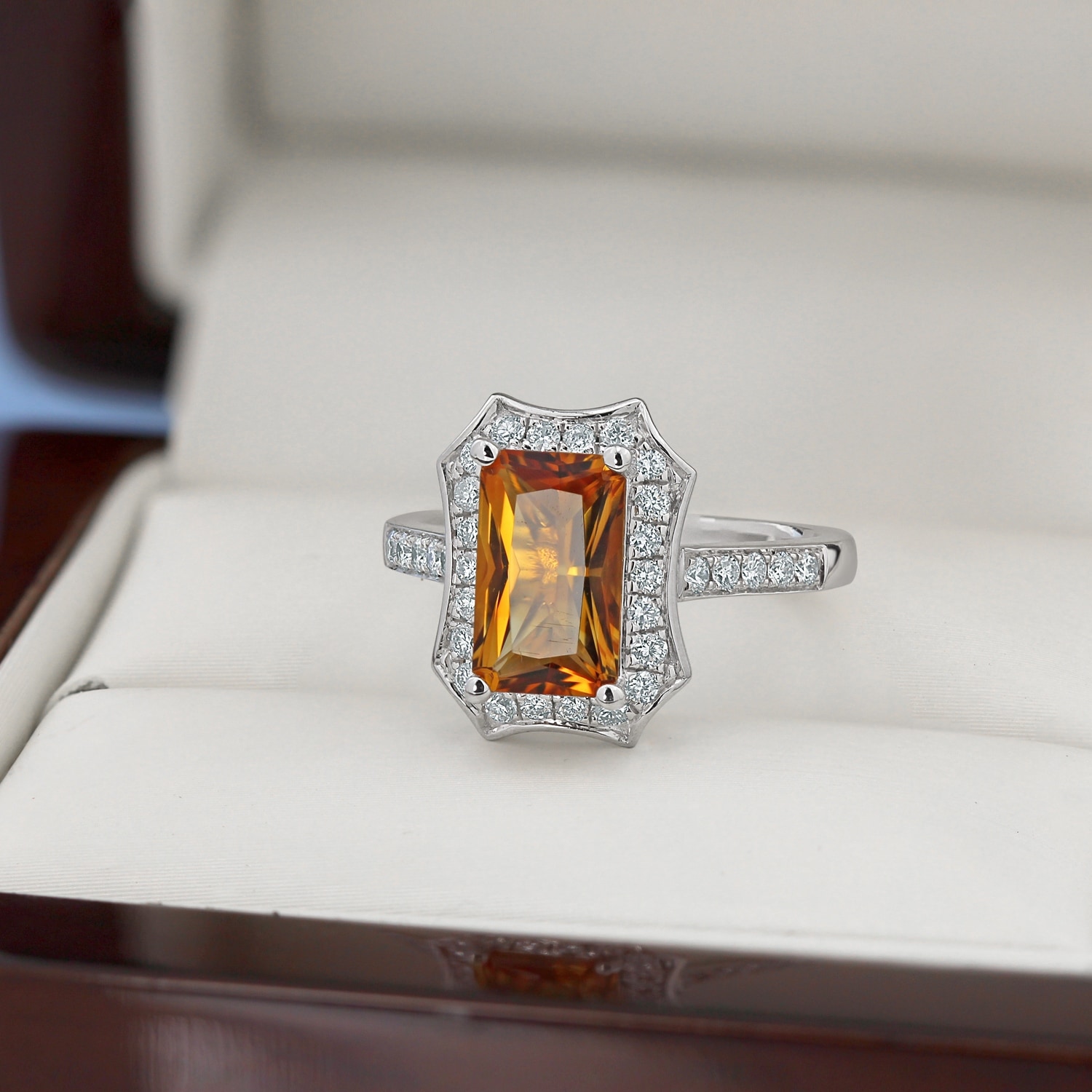 14K White Gold Plated Vintage 3CT Orange Citrine Diamond Halo Ring Women Jewelry 