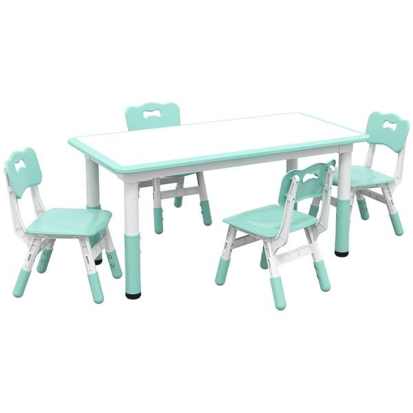 slide 2 of 17, Qaba Kids Table and Chair Set with 4 Chairs, Adjustable Height, Easy to Clean Table Surface, for 1.5 - 5 Years Old Green