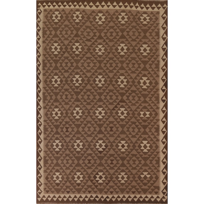 Hand Woven Oriental 100% Wool Carpet Southwestern Geometric Brown Kilim Area Rug - 9' 8'' X 6' 7''