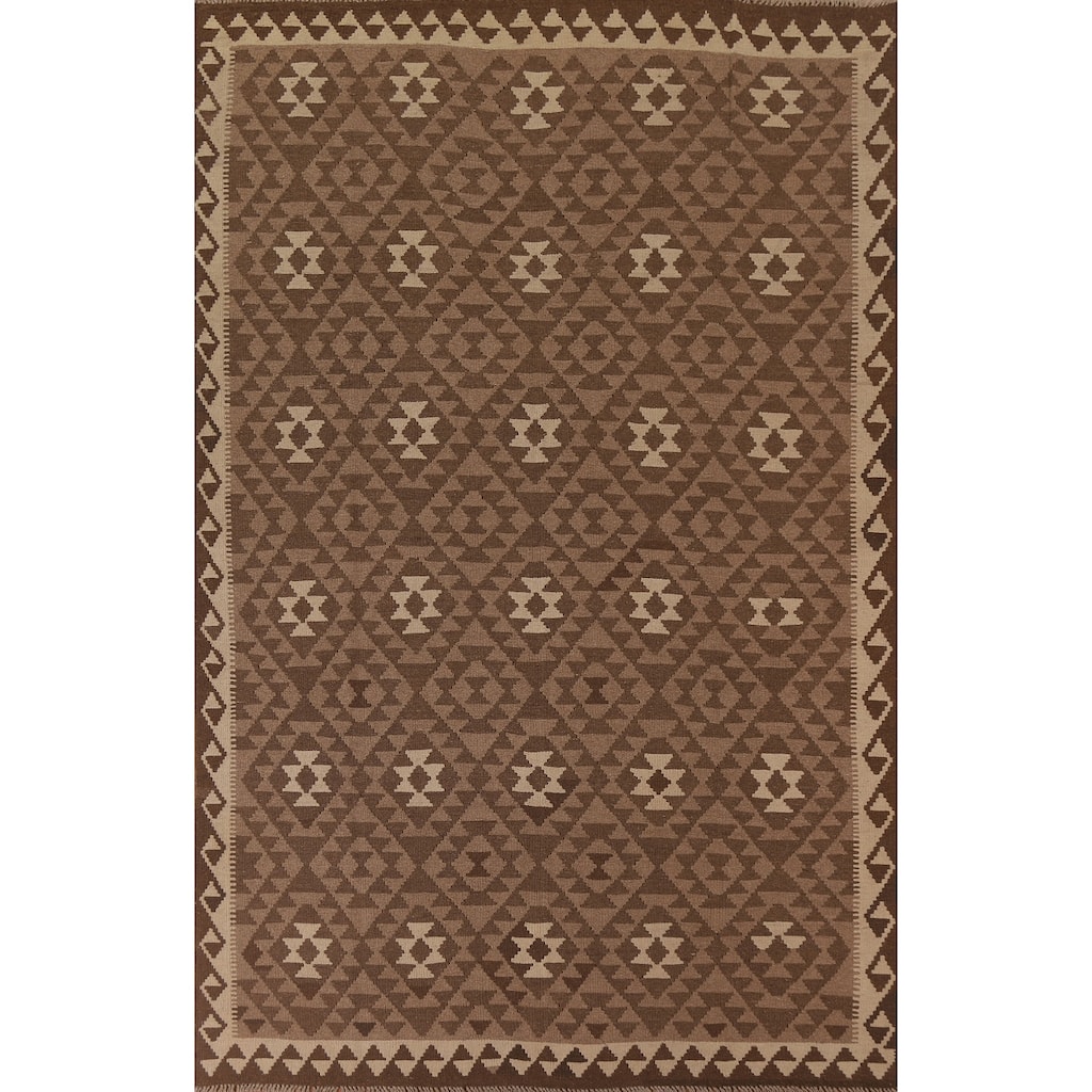 Hand Woven Oriental 100% Wool Carpet Southwestern Geometric Brown Kilim Area Rug - 9' 8'' X 6' 7''