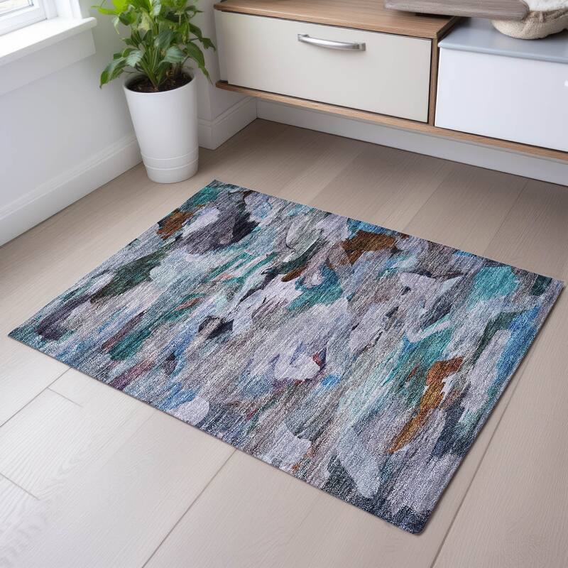 Premium Washable Super Soft Brushstrokes Abstract Mayfield Rug - Blue - 1'8" x 2'6"