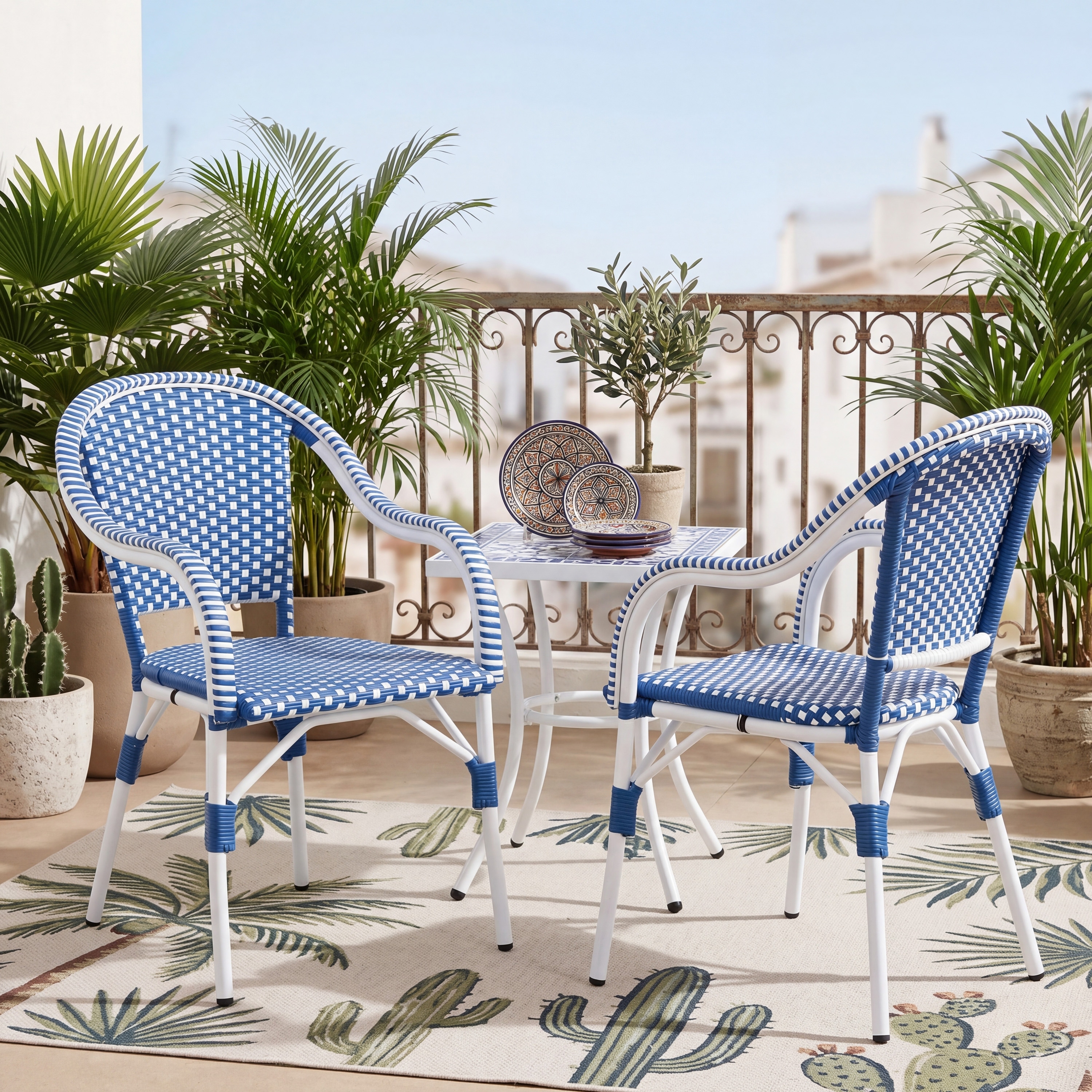 Outdoor Bistro Chairs Dining Chairs Set of 2 with Aluminum Frame, Blue White Rattan Armchairs Side Chair Coffee Chair