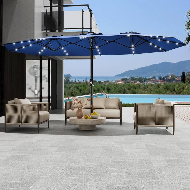 Coromose 15FT Large Patio Umbrella, with Solar Lights, for Deck Poolside Backyard - Navy Blue