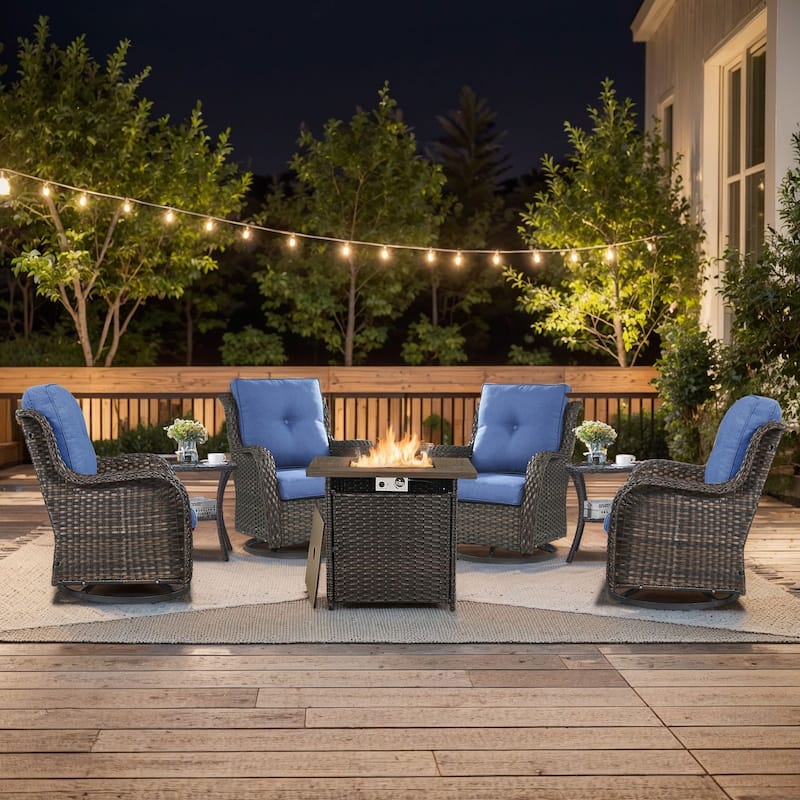 Pocassy 7 Pieces Fire Pit Table with Swivel Chairs Table - Brown Wicker Blue Cushion - 7 Pieces Swivel Chair with Fire Table
