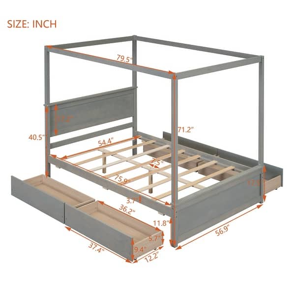 dimension image slide 2 of 3, Full Size Canopy Platform Bed with 4 Drawers & Support Slats