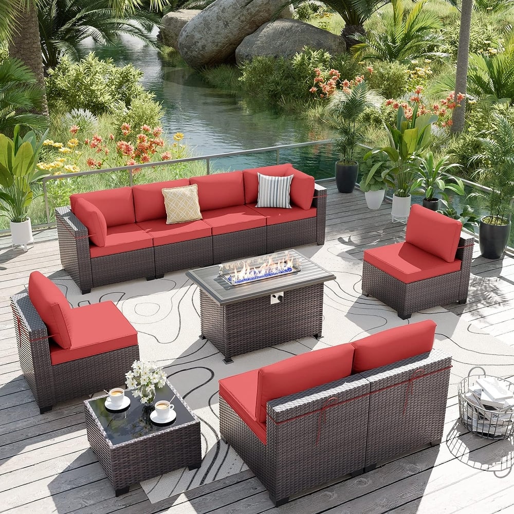 Delnavik 9-Pieces Wicker Patio Furniture Set with Firepit,Outdoor Seatings with Cushions - 9 pieces