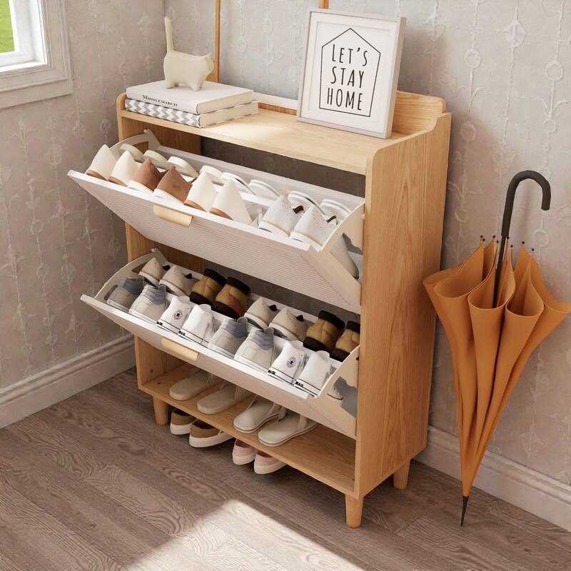 31.5 Inch Nordic Shoe Cabinet with 2 Flip Drawers, Narrow Freestanding Shoe Storage Organizer with Wood Legs