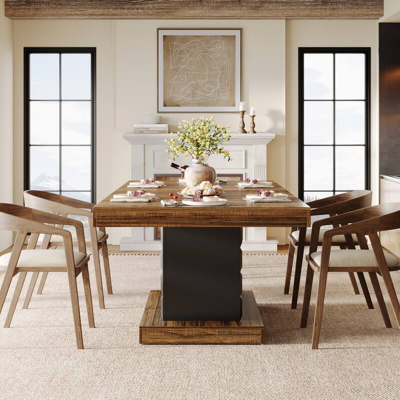 63'' Wooden Dining Dinner Table with Pedestal for 4-6, Farmhouse Kitchen Table