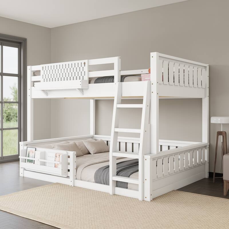Roomfitters Bunk Bed with Bookshelf and Pegboard, Solid Wood Split Frame