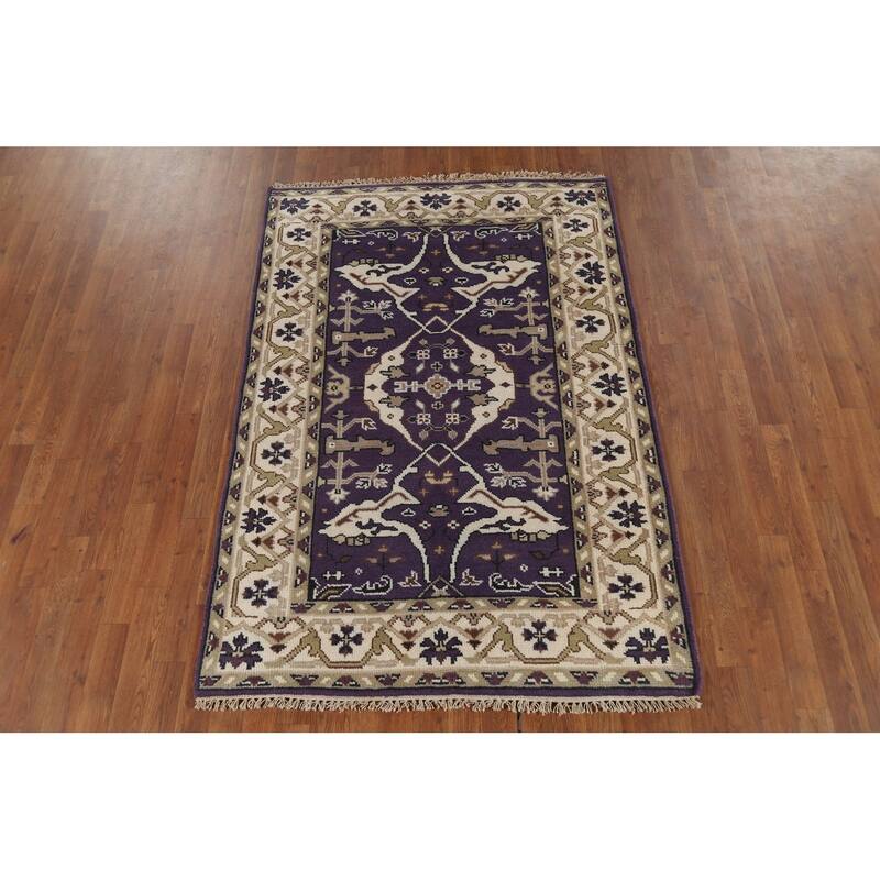 Purple Oushak Indian Area Rug Hand-Knotted Wool Carpet - 4'1"x 5'11"