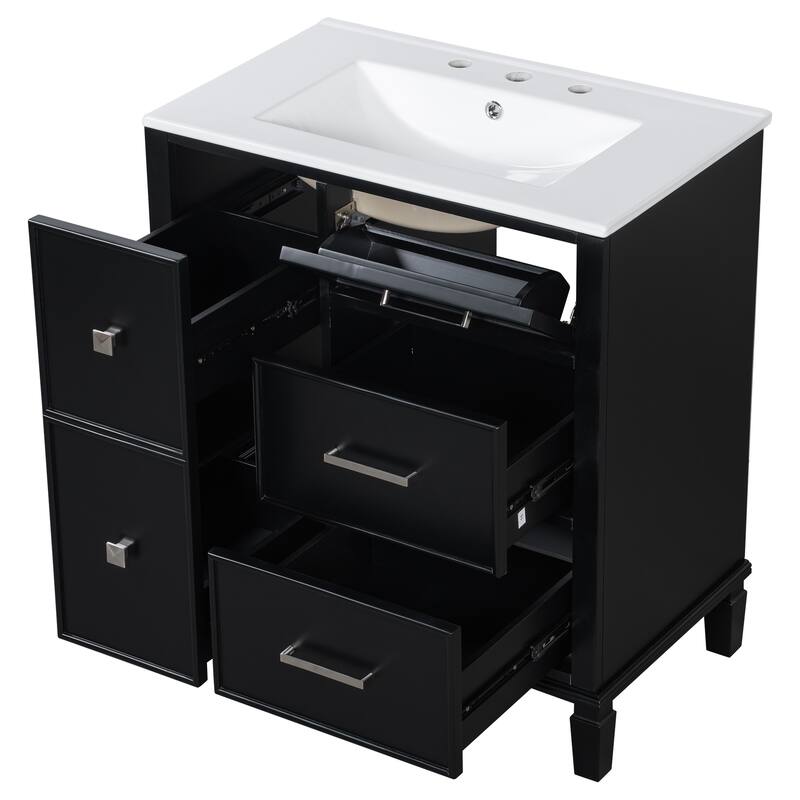 30 Inch Bathroom Vanity with Ceramic Sink, Flip-Out Drawer Design for Plumbing, Painted MDF Cabinet with Solid Wood Legs