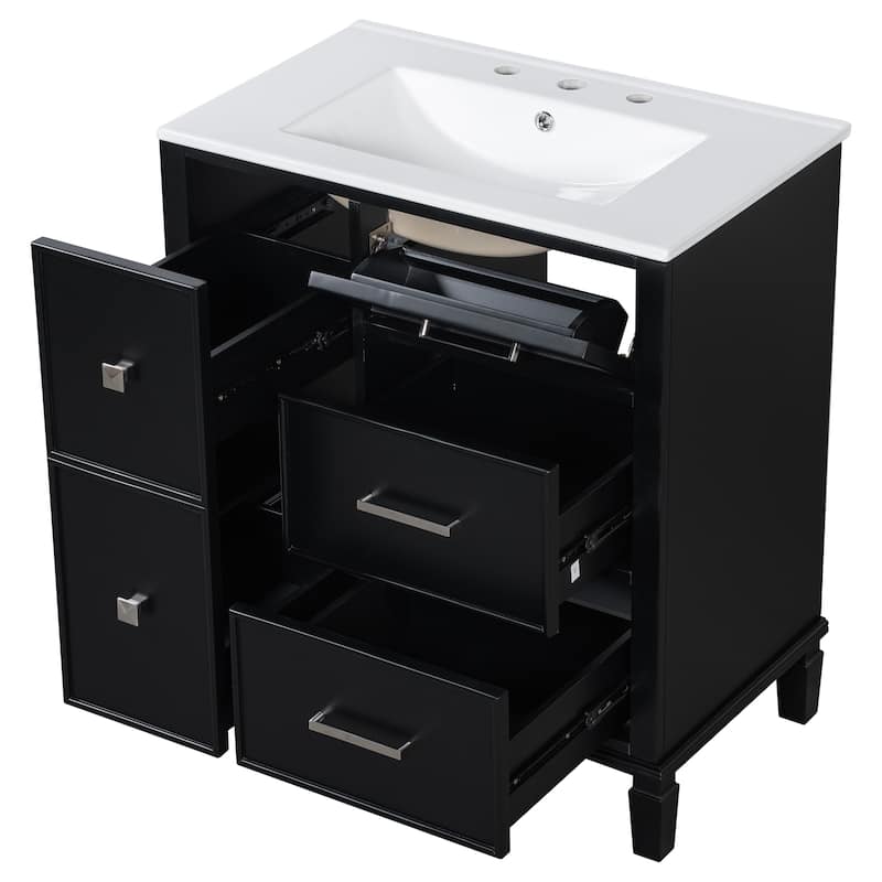 Classic 30-Inch Bathroom Vanity Set‌ - White Painted MDF Cabinet with Ceramic Sink & Flip-Out Plumbing Drawer.
