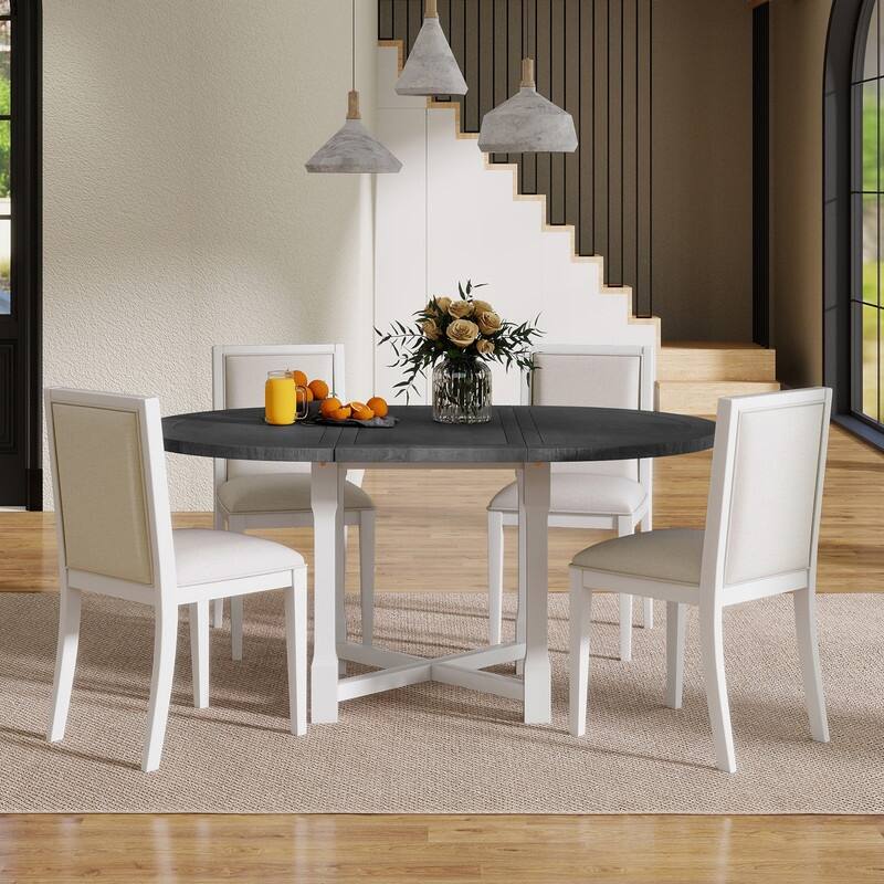 5-Piece Extendable Dining Table Set for 4, Round Dining Table for 4 with Upholstered Chairs,Removable Leaf - Grey+White