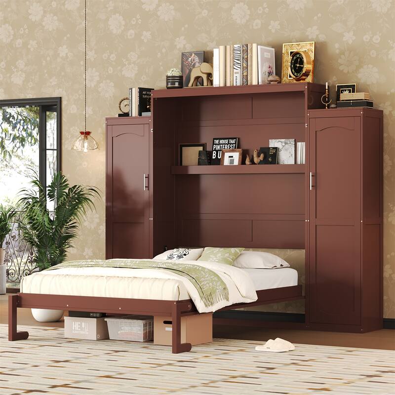 Queen Size Wood Murphy Bed with 2 Wardrobe and Storage Shelf