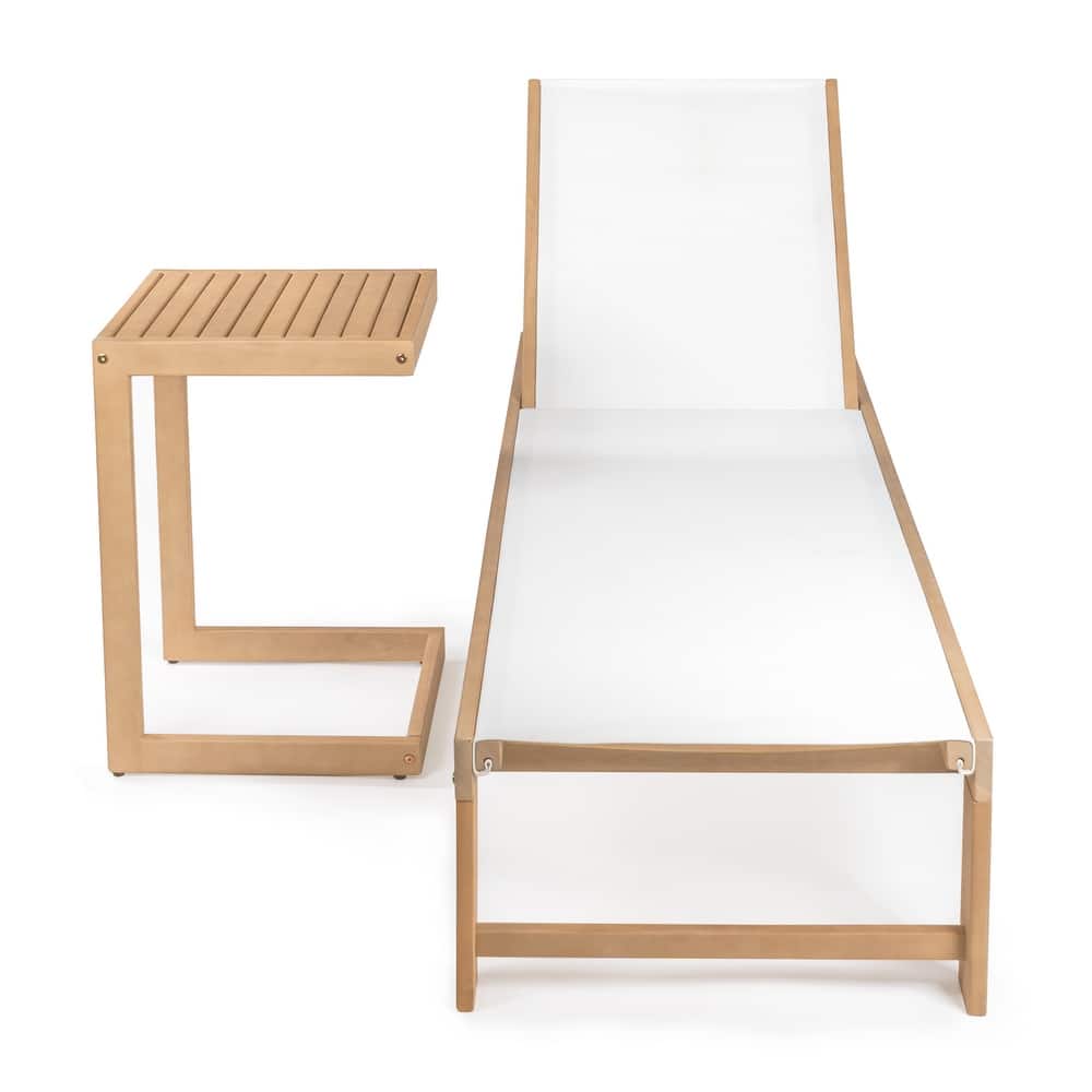 Barclay Coastal Modern Acacia Wood Mesh 3-Position Outdoor Chaise Lounge Set with Side Table, by JONATHAN Y