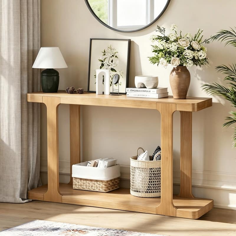 Modern 50" Console Table with Bottom Shelf and Solid Wood Legs, Entryway Sofa Table for Living Room Hallway