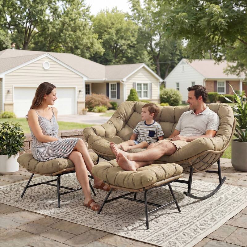 FINCATI Oversized Double Rocking Chair Outdoor Indoor, 40" D x 58" W Double Papasan Rocking Chair with Padded Cushion