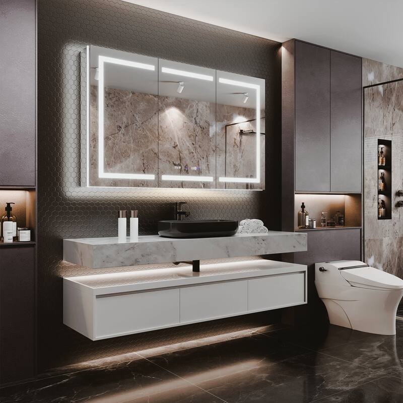 36'' H Recessed or Surface Mounted Bathroom LED Mirror Cabinet With Defogger, Dimmer, 10x magnifying